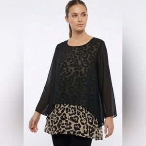 K d. BEAUTIFUL Poly Chiffon Animal Print Blouse w/ Black Chiffon Overlay Sz XL